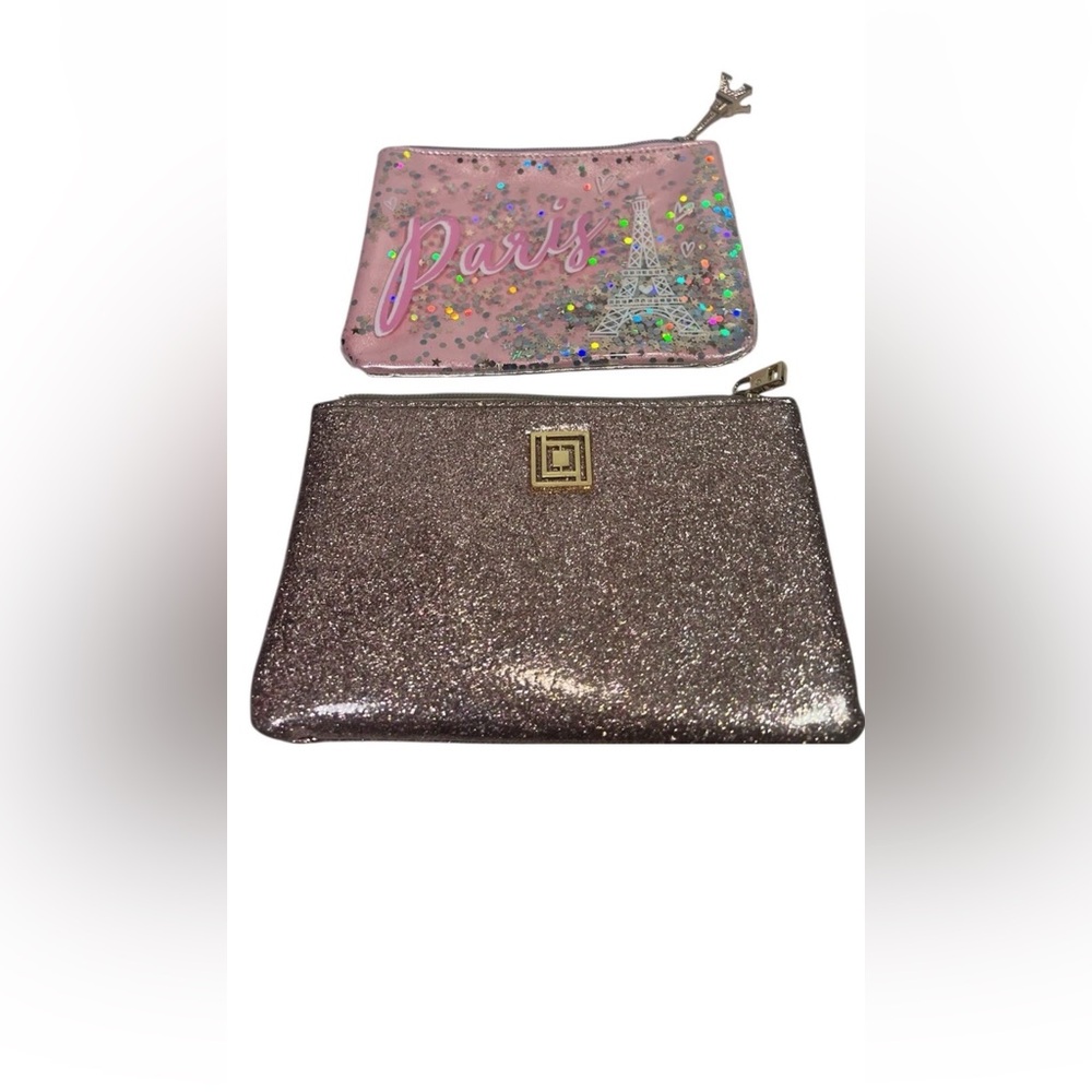 Liz Claiborne Rose gold glitter zipper and Justice Paris cosmetic bags (2)